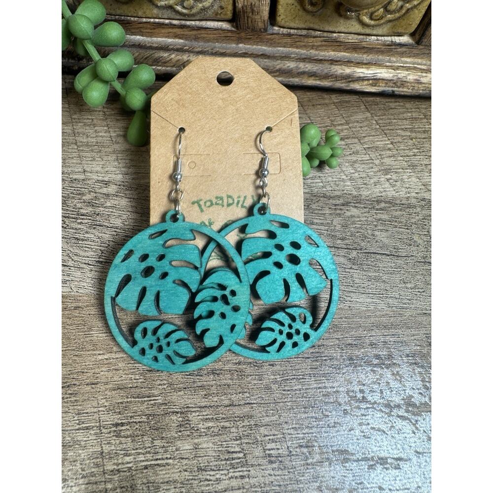 1 Pair Monstera Leaf Wooden Cutout Earrings Turquoise Color Boho Nature Inspired